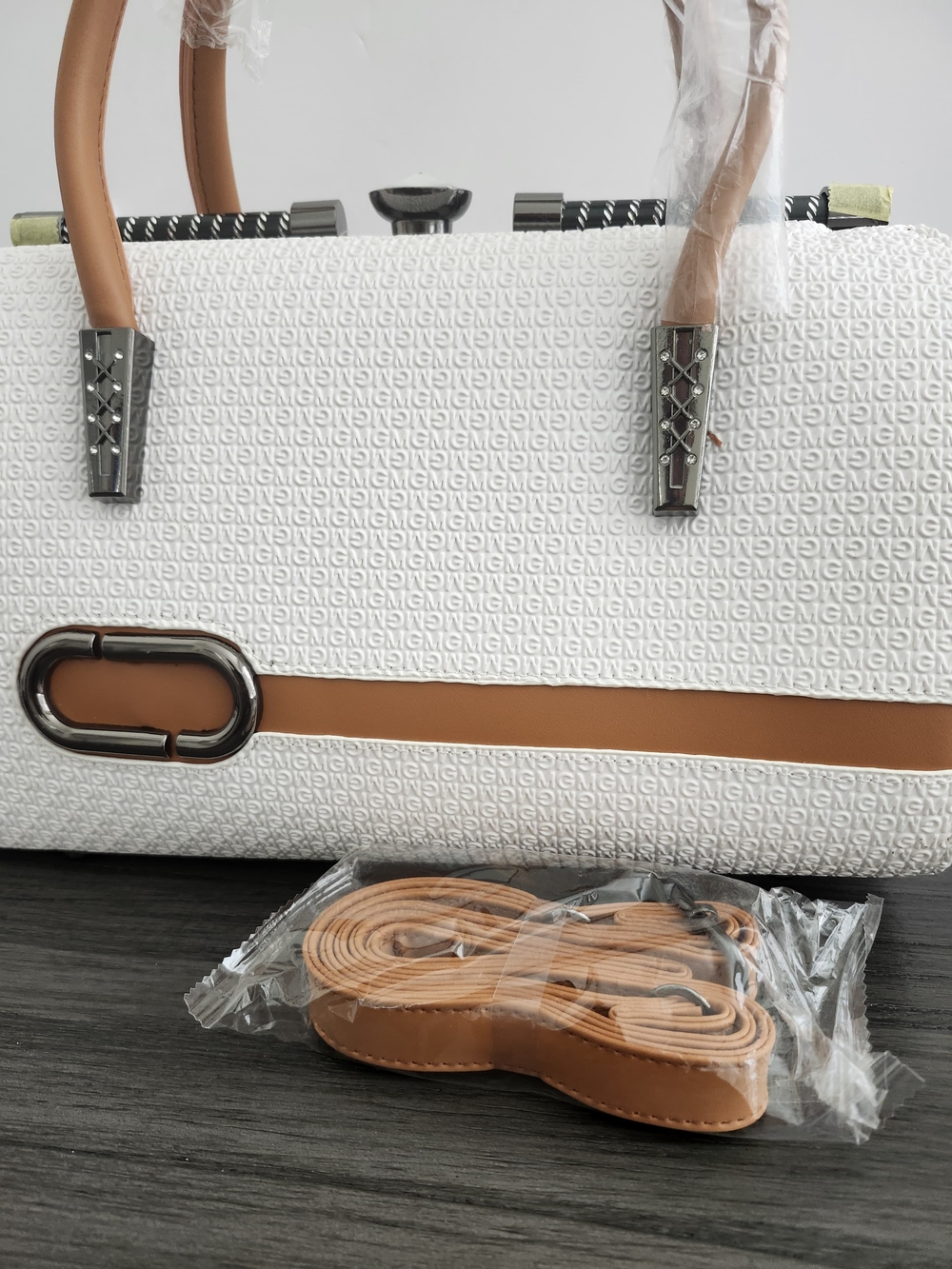 Structured White Satchel with Tan Accent - Picture 7 of 9